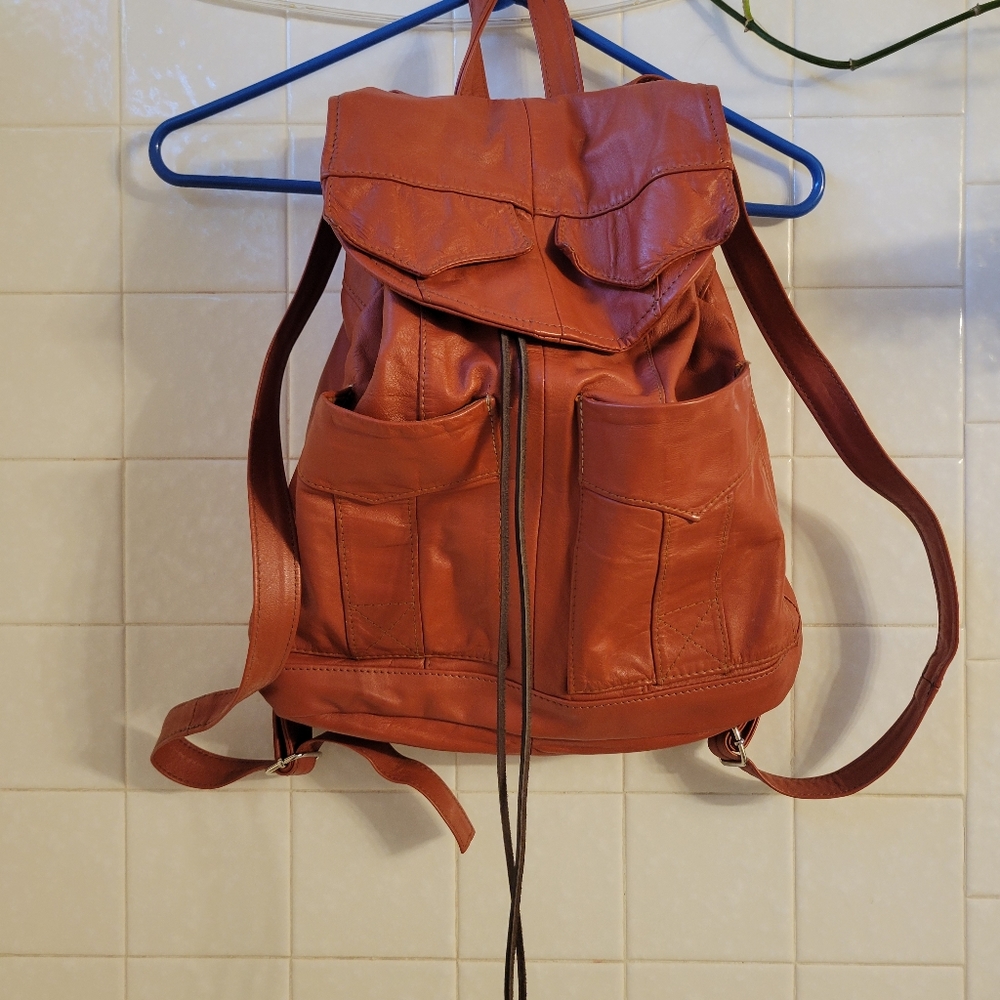 Repurposed Leather Drawstring Back Pack by COB Shop of Canada Pumpkin Orange